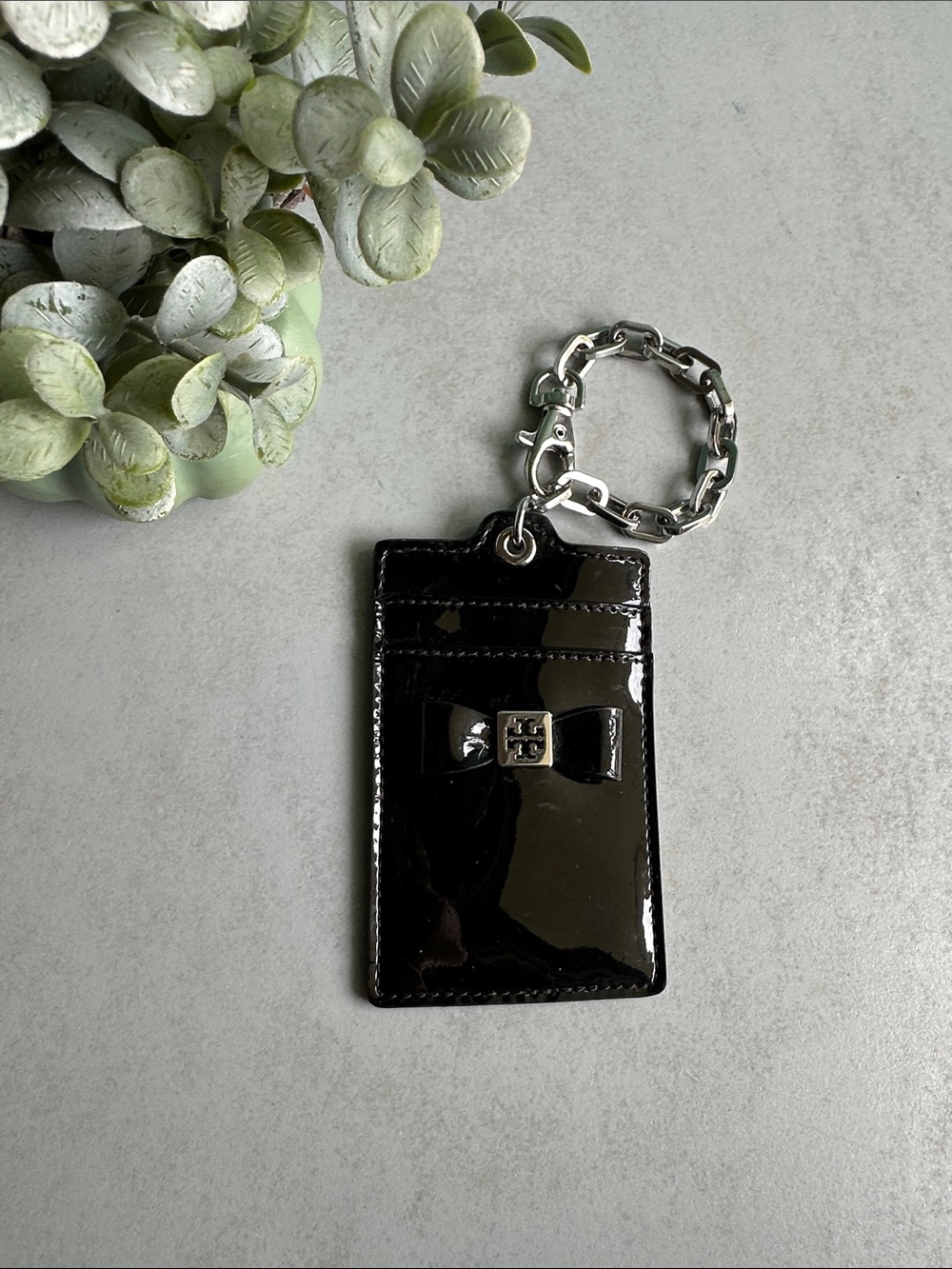 Tory Burch Black Patent Leather Bow Card Holder Keychain
